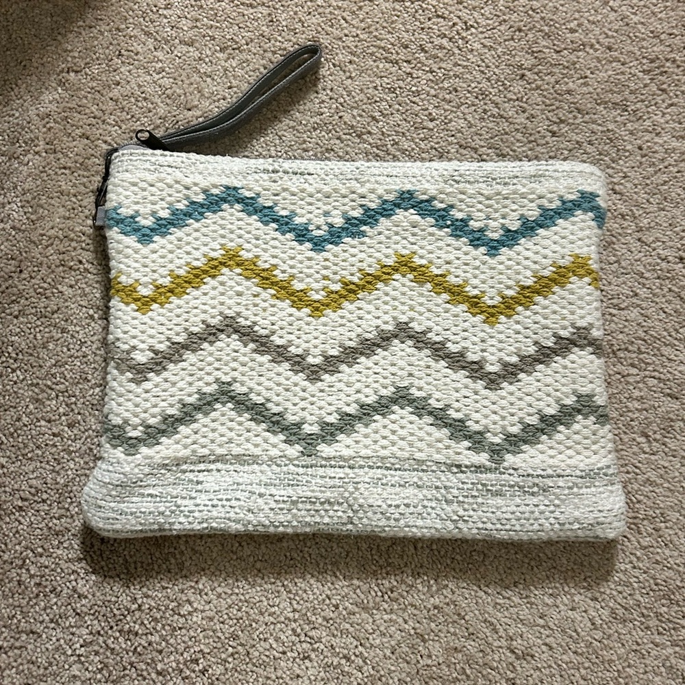 Anne Coquine Chevron Textured Clutch - Cream, Yellow, Gray, Blue Leather Strap